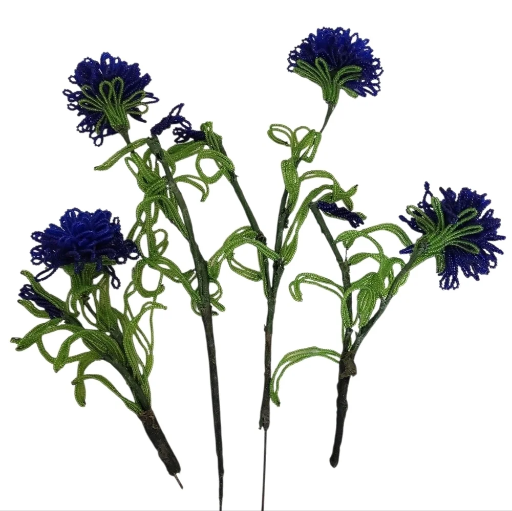Handcrafted Wire & Bead Cobalt Cornflower Blooms – Botanical Art Stems Set
